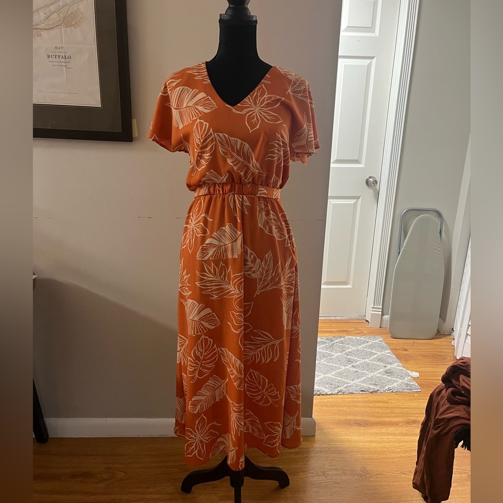 Sienna Sky Orange Tropical Floral Leaf Summer Tie Midi Dress Small